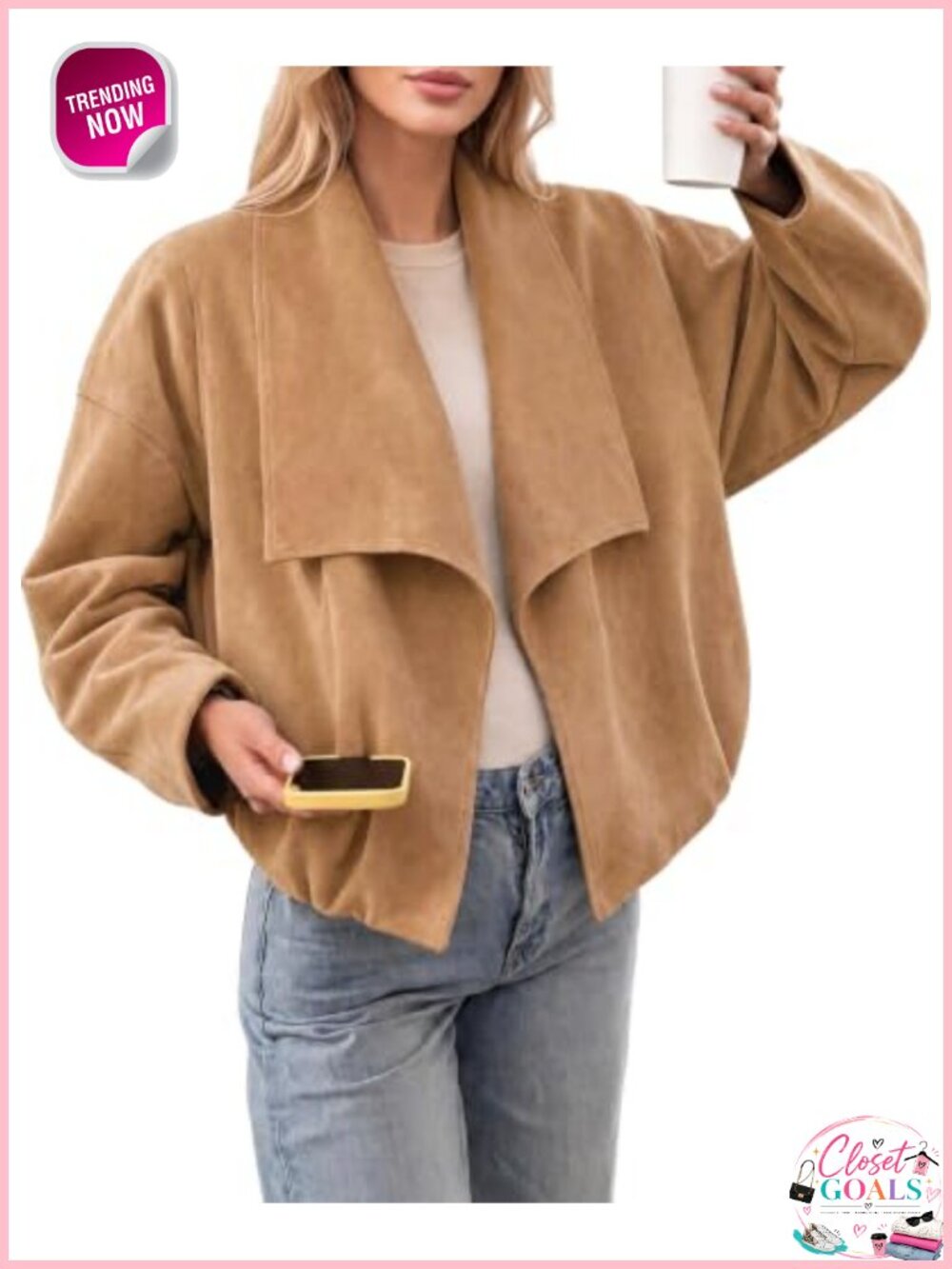 Faux Suede Open Front Cropped Oversized Jacket with Lapel Collar